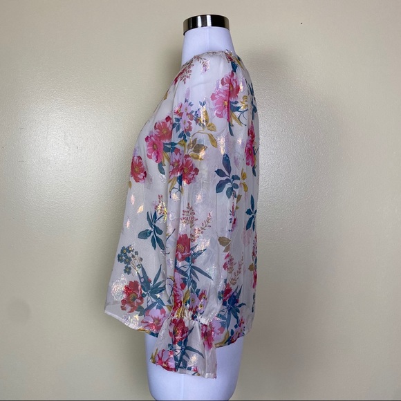 LOFT Floral Metallic Poet Ruffle Sleeve Blouse XSP - Picture 10 of 13